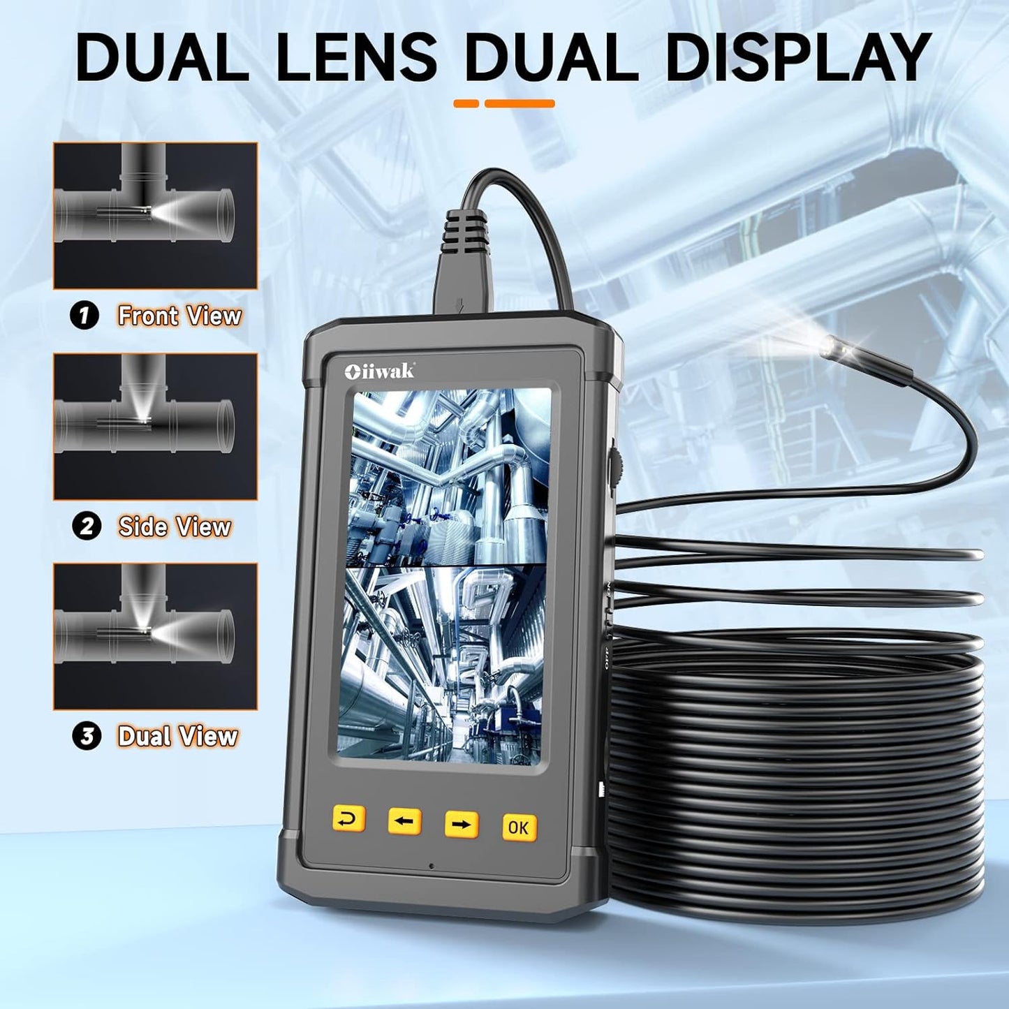Dual Lens Endoscope for Industrial Sewer Pipe Drain Plumbing Inspection Camera Snake with Light IP68 Waterproof(15m)