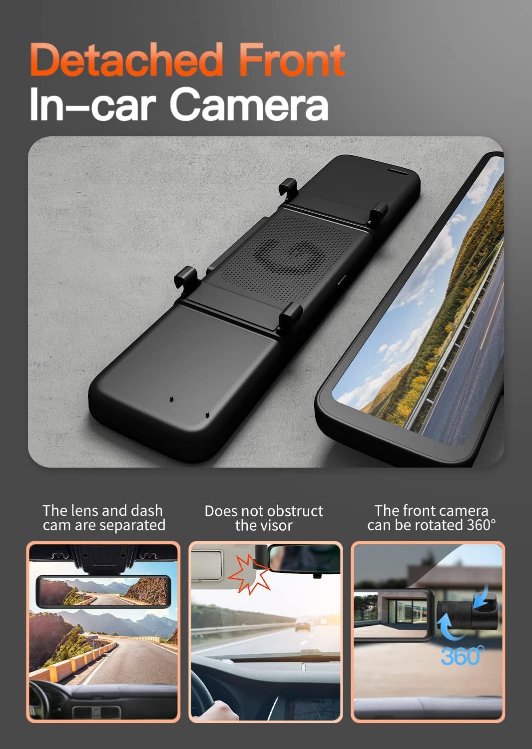 WOLFBOX 3 Channels Mirror Dash Cam, 12" IPS Touch Screen Rear View Mirror Camera with Detached Front, in-Car Camera, and Waterproof Backup Camera, Front and Rear Dash Camera with GPS & G-Sensor