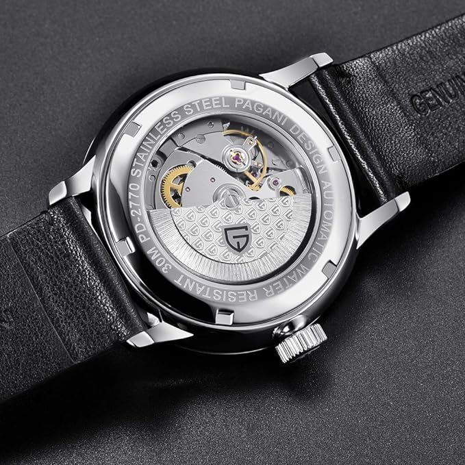 Fashion Men's Waterproof Stainless Steel Automatic Mechanical Watch, Date Display and Brown Leather Strap
