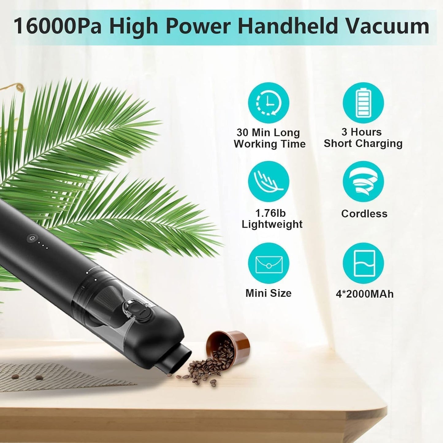 Akjbl Handheld Vacuum Cordless Car Vacuum Cleaner 16,000 Pa Strong Powerful Suction Vacuum Cleaners Car Mini Vacuum, Portable Vacuum Cleaner for Car Home Office, Ultra Light Dust Busters for Pet Hair