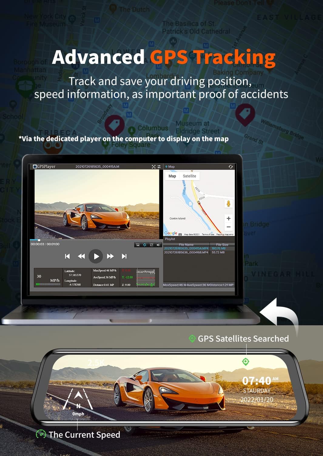 WOLFBOX 2.5K Mirror Dash Cam GPS, 10" Full Touch Screen Rear View Mirror Camera with Waterproof Backup Camera, Dual Dash Camera Front and Rear for Car, Rearview Car Camera Night Vision