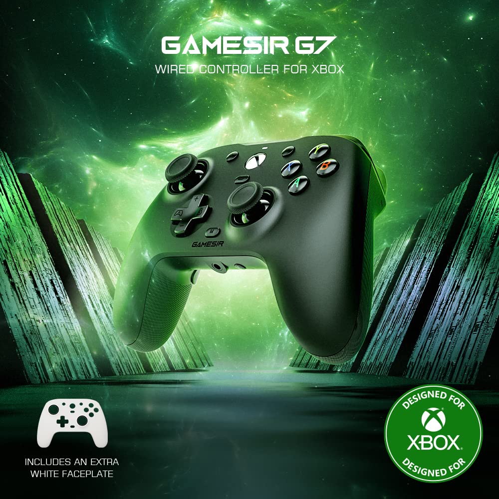 G7 Wired Controller for Xbox Series X|S, Xbox One, Windows 10/11 Black - with Interchangeable White Faceplate No Delay 3.5mm Studio Jack 4 Vibration Motors