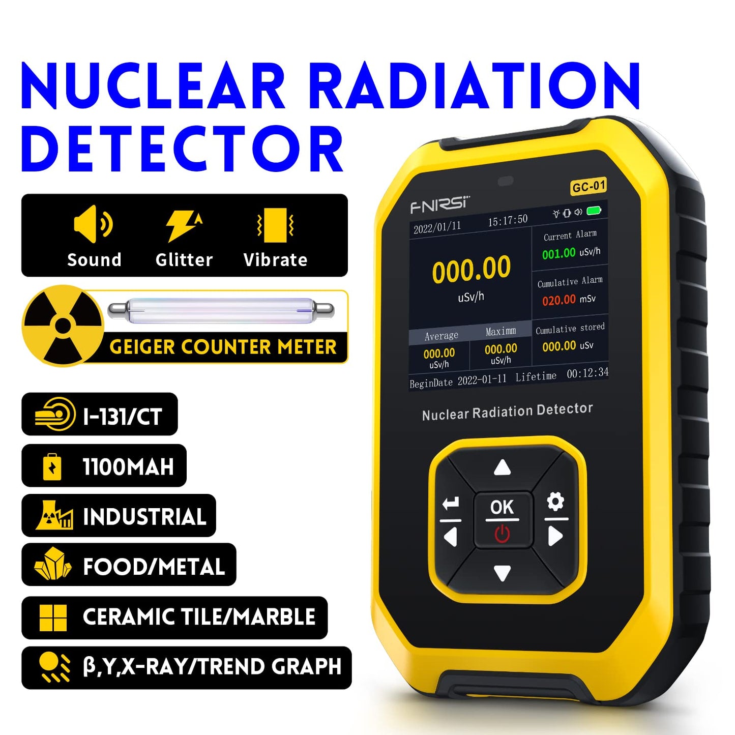 Geiger Counter Nuclear Radiation Detector - Radiation Dosimeter with LCD Display, Portable Handheld Beta Gamma X-ray Rechargeable Radiation Monitor Meter, 5 Dosage Units Switched,0.0μSv-500mSv