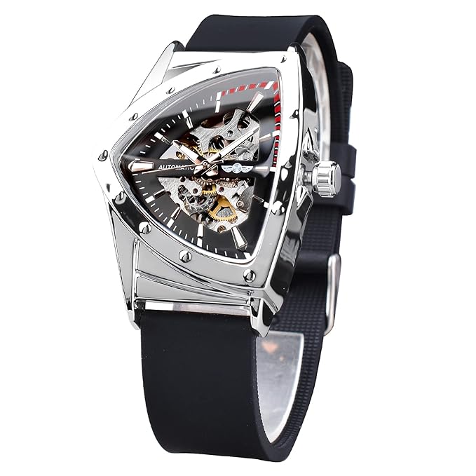 Skeleton Watches for Men, Automatic Mechanical Watch with Triangle Dial, Luminous Self Winding Watches Stainless Steel Bracelet or Soft Silicone Strap