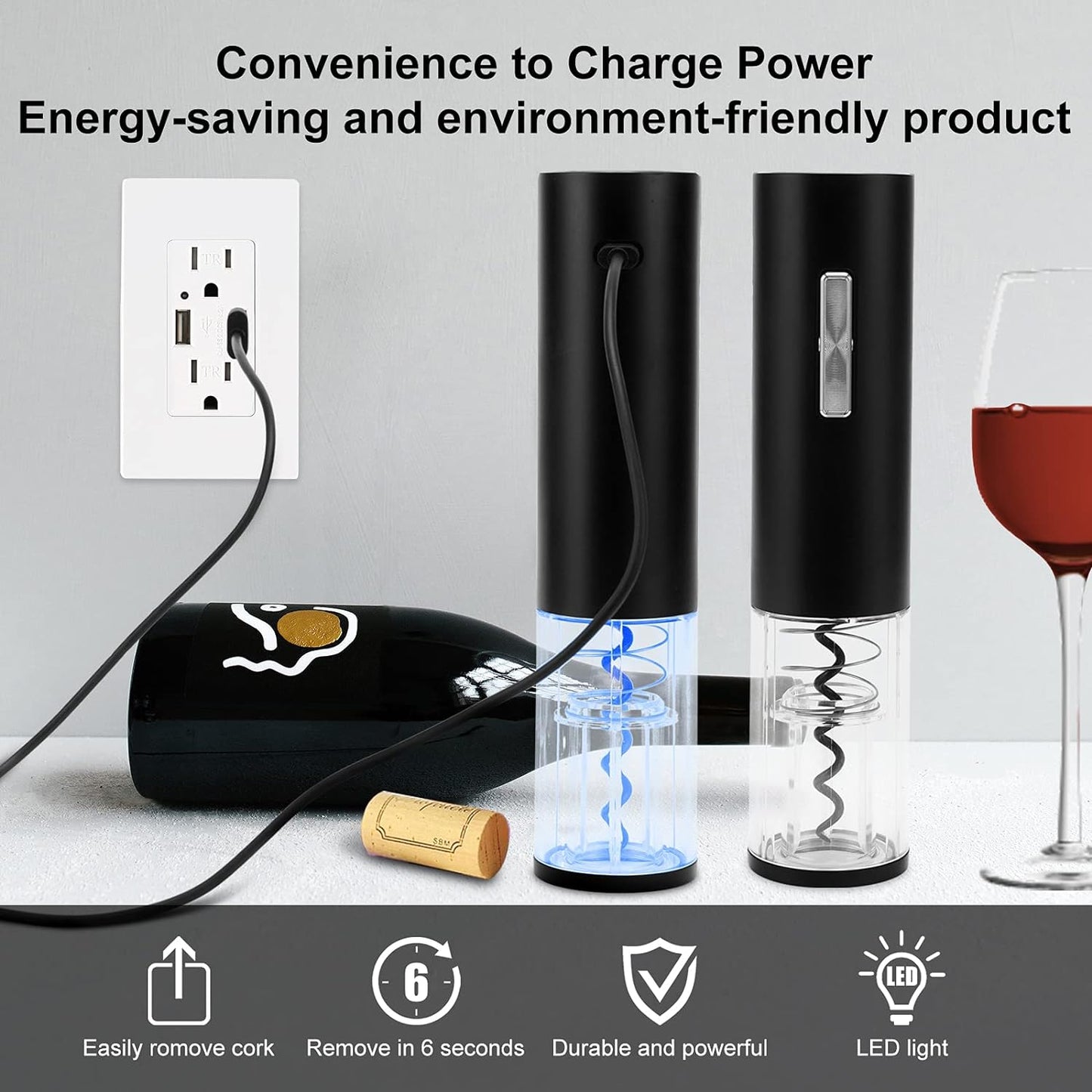 Electric Wine Opener, Type-C Charging Wine Corkscrew Bottle Opener With Foil Cutter, COKUNST Automatic Rechargeable Wine Openers With LED Light For Home Party Restaurant
