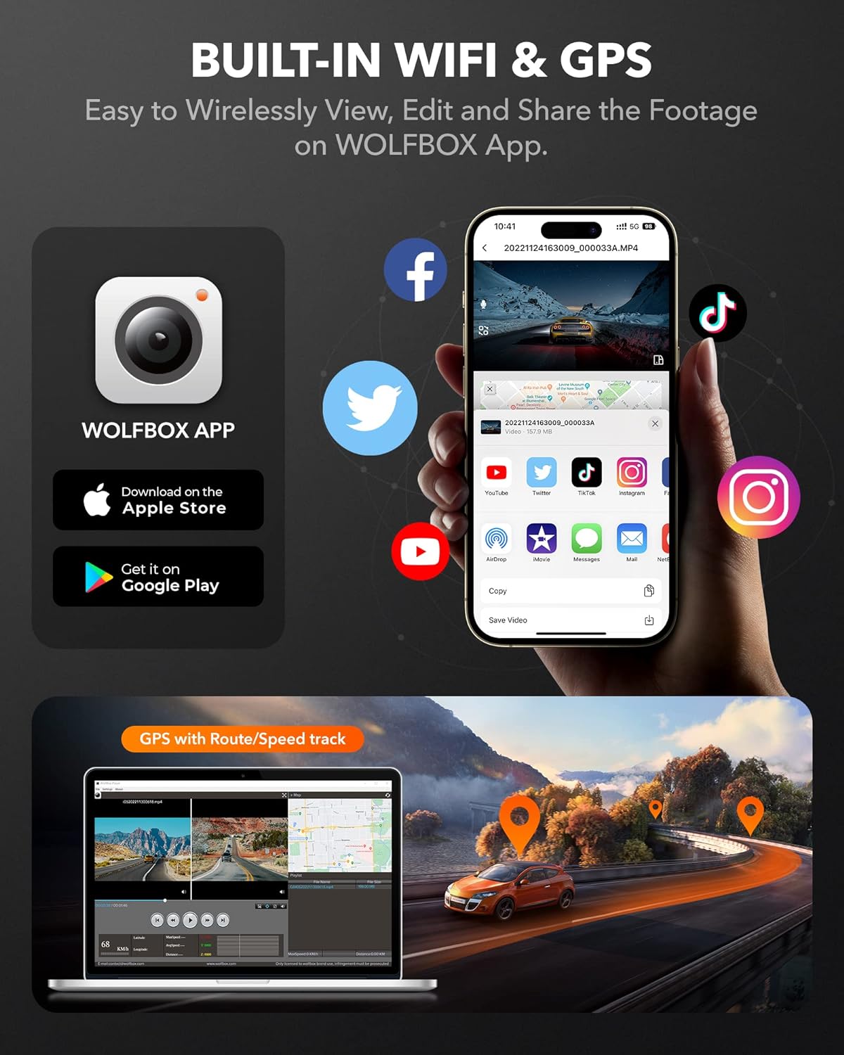 WOLFBOX 4K Dash Cam Built-in WiFi GPS Dashboard Camera Front 4K/2.5K and Rear 1080P Dual Car Recorder, Mini Security DashCam with 2.45" LCD, 170° Wide Angle, Support 128GB Max