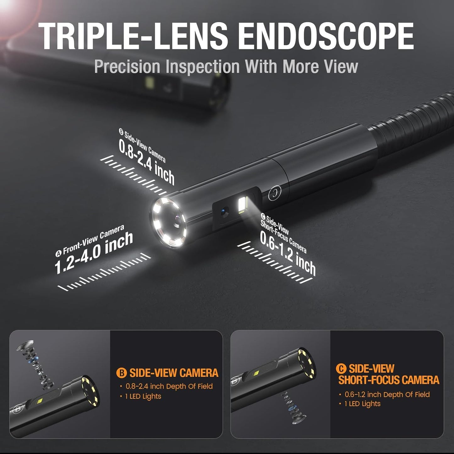 Triple Lens Borescope with 7" IPS Screen, Teslong 1080P HD Industrial Endoscope Inspection Camera with Light, 16.5FT Flexible Automotive Mechanic Scope Tool, Waterproof Pipe Snake Camera in Wall Cam