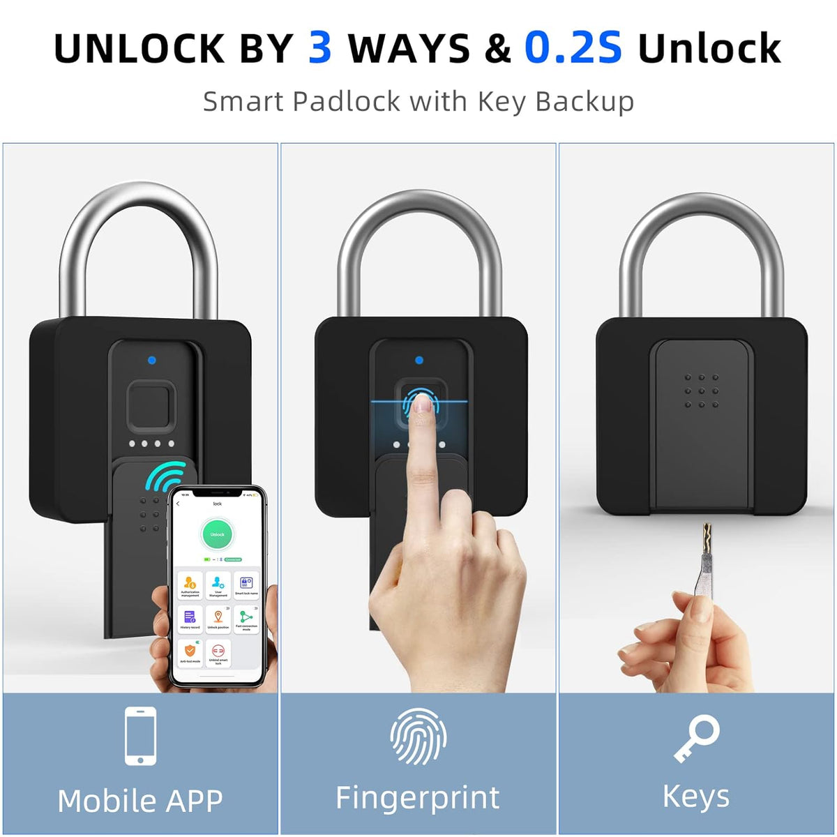Fingerprint Padlock, Eseesmart Padlock Large Size, Combination Lock, Waterproof with Protective Case, Padlock with Key, with Mobile APP and Fingerprint Unlock, Suitable for Gates, Doors,Gym, Office