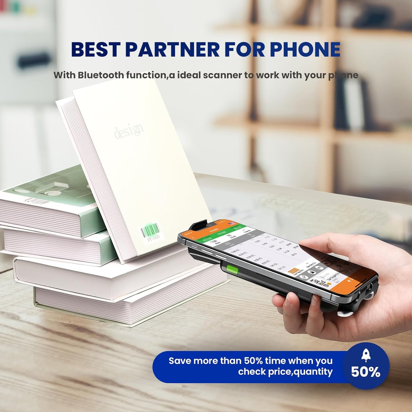 Back Clip Phone Barcode Scanner, Super 1D 2D QR Bluetooth Barcode Reader with 1600mAh Rechargeable Battery, iPad, iPhone and Android Compatible, for Inventory Management