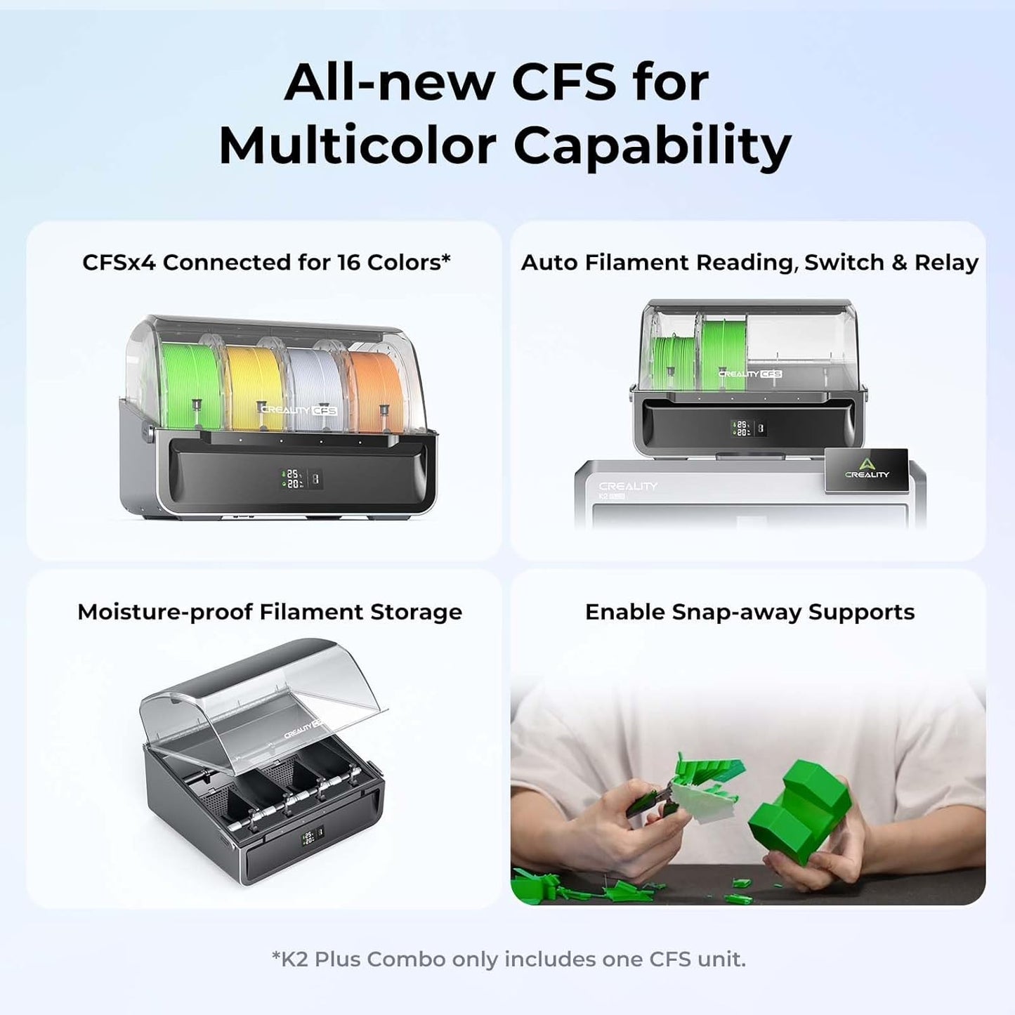 K2 Plus Combo 3D Printer, Multi Color Printing with New CFS, Max 600mm/s Printing Speed, Full-auto Leveling, Next-Gen Direct Drive Extruder, Dual Al Camera, Build Volume 350 * 350 * 350mm