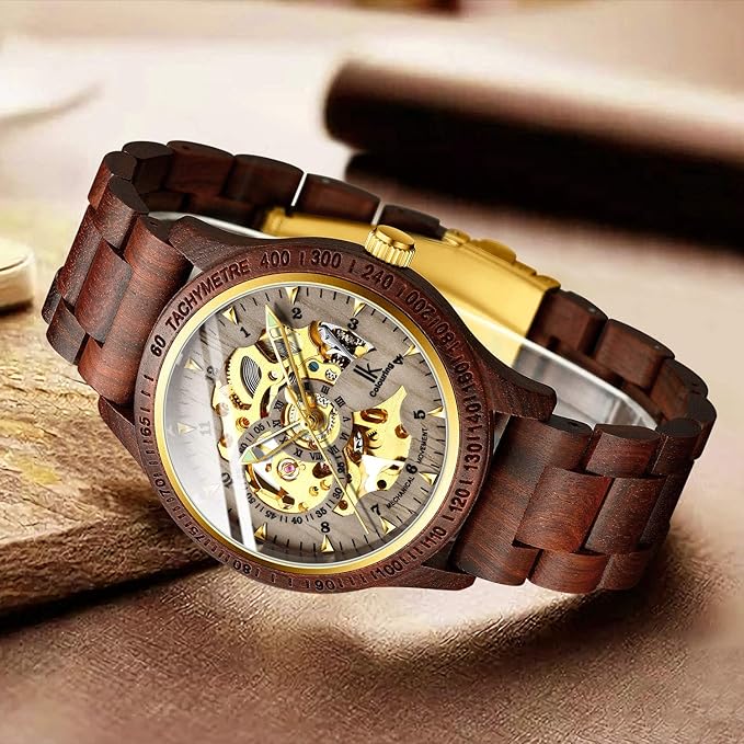 IK COLOURING Men's Watches Luxury Mechanical Wooden Case Skeleton Lumious Automatic Self-Winding Lightweight Genuine Leather Bracelet/Wood Band Wrist Watch