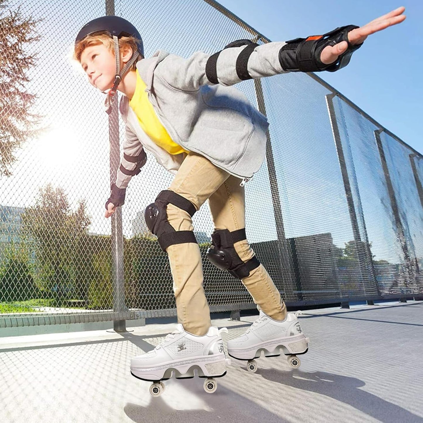 Roller Skates for Women Outdoor,Parkour Shoes with Wheels for Girls/Boys,Kick Rollers Shoes Retractable Adults/Kids,Quad Roller Skates Men,Unisex Skating Shoes Recreation Sneakers,White4-6.5US