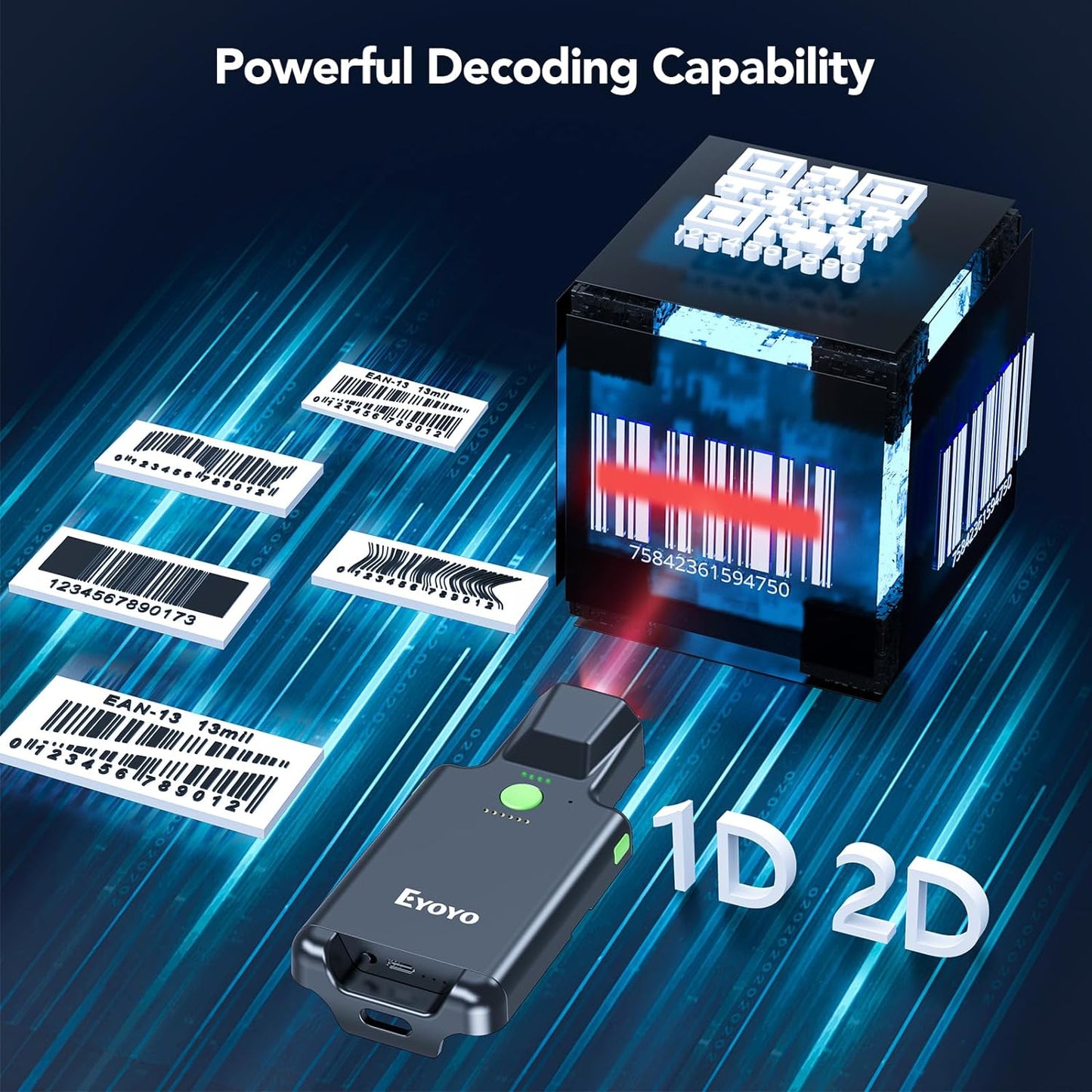 2D Backclip Bluetooth Barcode Scanner Compatible with iPad, Tablet, iPhone, Android Phone, 3000mAh Rechargeable Battery with Level Indicator, Wireless QR Bar Code Reader for Warehouse Inventory