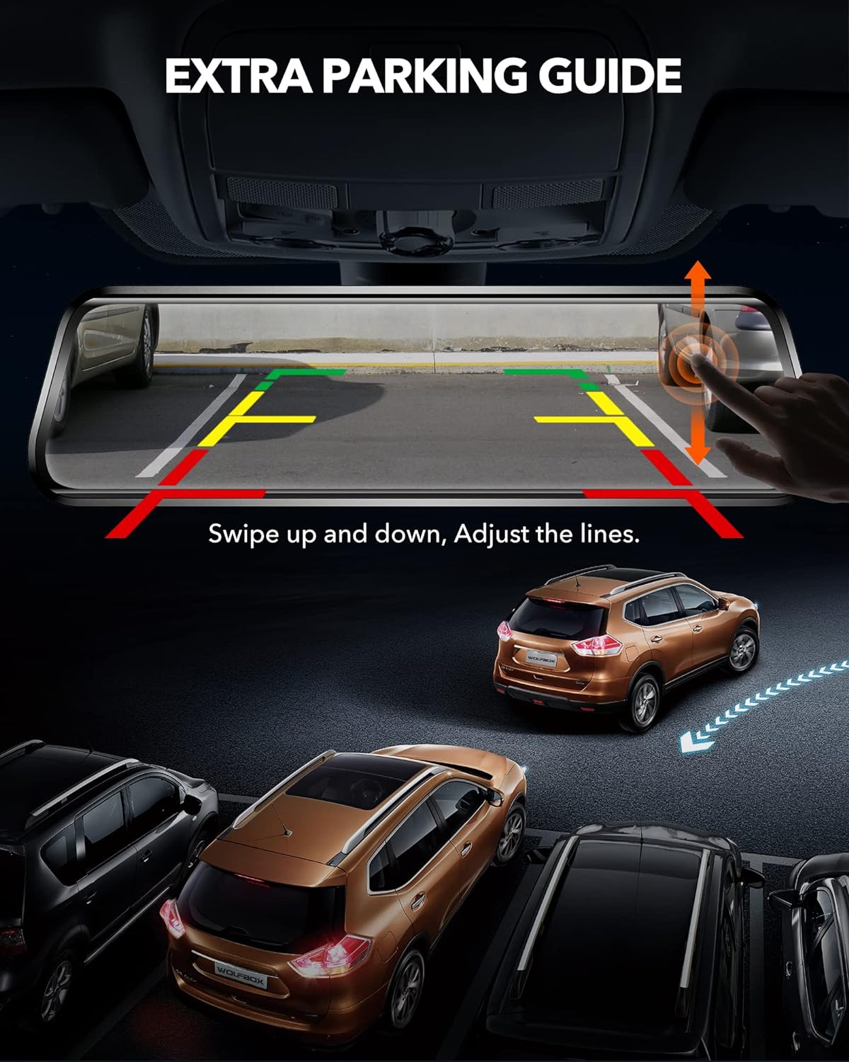 WOLFBOX 2.5K Dash Cam Mirror for Car, Rear View Mirror Camera with 10" IPS Full Touch Screen, Dual Dash Camera 1440P Front and Rear Mirror with 1080P Backup Camera, Free Card & GPS