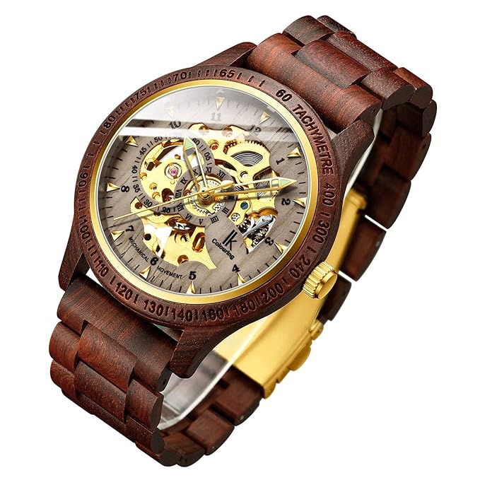 IK COLOURING Men's Watches Luxury Mechanical Wooden Case Skeleton Lumious Automatic Self-Winding Lightweight Genuine Leather Bracelet/Wood Band Wrist Watch
