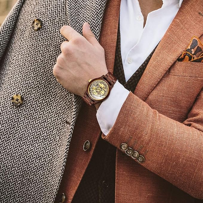 IK COLOURING Men's Watches Luxury Mechanical Wooden Case Skeleton Lumious Automatic Self-Winding Lightweight Genuine Leather Bracelet/Wood Band Wrist Watch