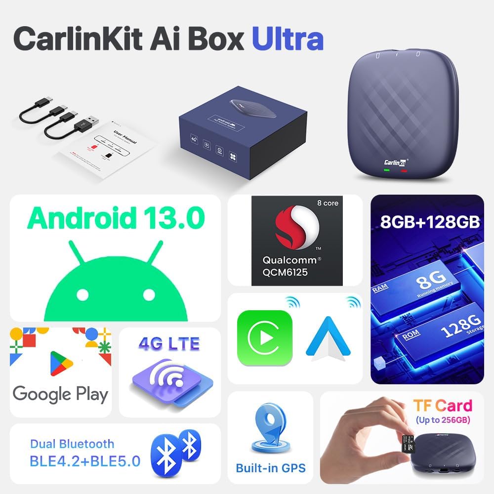 CarlinKit Android 13.0 CarPlay Ai Box Ultra, 8GB+128GB, Snapdragon QCM 6125, 33% Performance Increase, Support Wireless CarPlay/Android Auto, Built-in Google Play Store