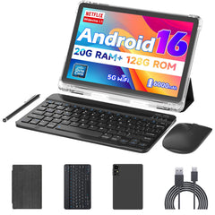 CALMORA Android 16 10Inches Tablets, 20GB RAM 128GB ROM 1TB Expandable, 2GHz Octa-core Processor, 2 in 1 Tablet with Stylus Mouse Keyboard Case, 5G WiFi6, BT 5.0, 6000mAh, Widevine L1, GMS