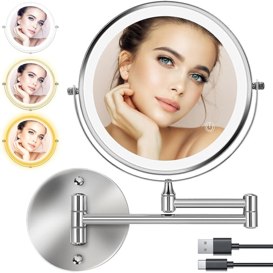 CALMORA Rechargeable 8 inch Round Wall Mounted Lighted Makeup Mirror 1X/10X Magnifying LED with 3 Color Lights Touch Screen Dimmable 360° Swivel Extendable Bathroom Mirror Shaving Mirror