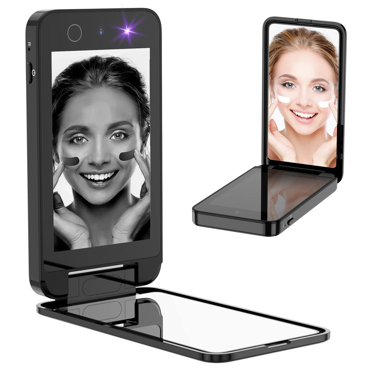 CALMORA UV Camera for Sunscreen Test UV Mirror Sunscreen Camera, 4 Inch Vanity Mirror Rechargeable Compact Travel Makeup Mirror Handheld Double-Sided Pocket Mirror for Skin Protection(Dark Black)