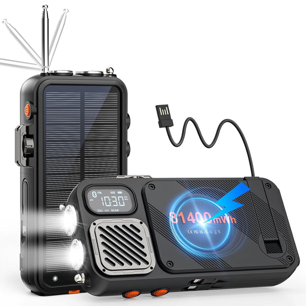 Calmora Emergency Radio & 22000mAh Solar Power Bank, FM NOAA Weather Radio, Portable Hand Crank Bluetooth Radio, 20W Fast Charge Wireless Phone Charger, SOS Flashlight for Emergency/Home