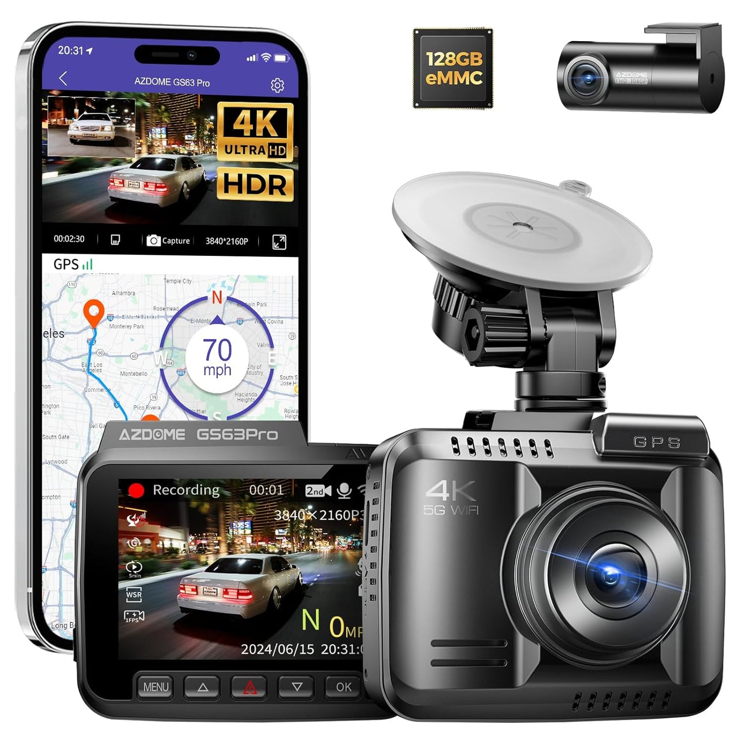 4K HDR Dash Cam Front and Rear with 4-Megapixel Image Sensor, 128GB eMMC, ADAS, 4K+1080P Dash Camera, 5GHz WiFi GPS 24H Parking Mode Car Camera (Delivery in 12 Days)
