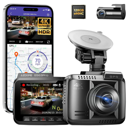 4K HDR Dash Cam Front and Rear with 4-Megapixel Image Sensor, 128GB eMMC, ADAS, 4K+1080P Dash Camera, 5GHz WiFi GPS 24H Parking Mode Car Camera (Delivery in 12 Days)