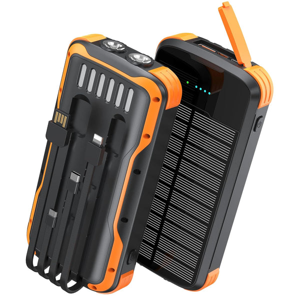Calmora Solar Charger Power Bank, 40000mAh, PD 20W Fast Charging, Built-in 4 Cables, Dual Flashlights, IP67 Waterproof, for Camping and Hiking