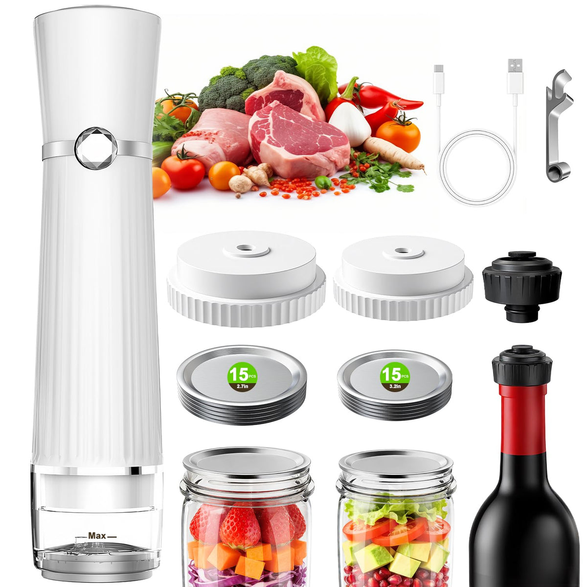 Calmora Vacuum Sealer for Food (Compact Vacuum Sealer Machine +30 Mason Jar Lids+ Wine Stopper), Handheld Mason Jar Vacuum Sealer for 10X Preservation & Fresh, 80Kpa Portable Vacuum Food Saver