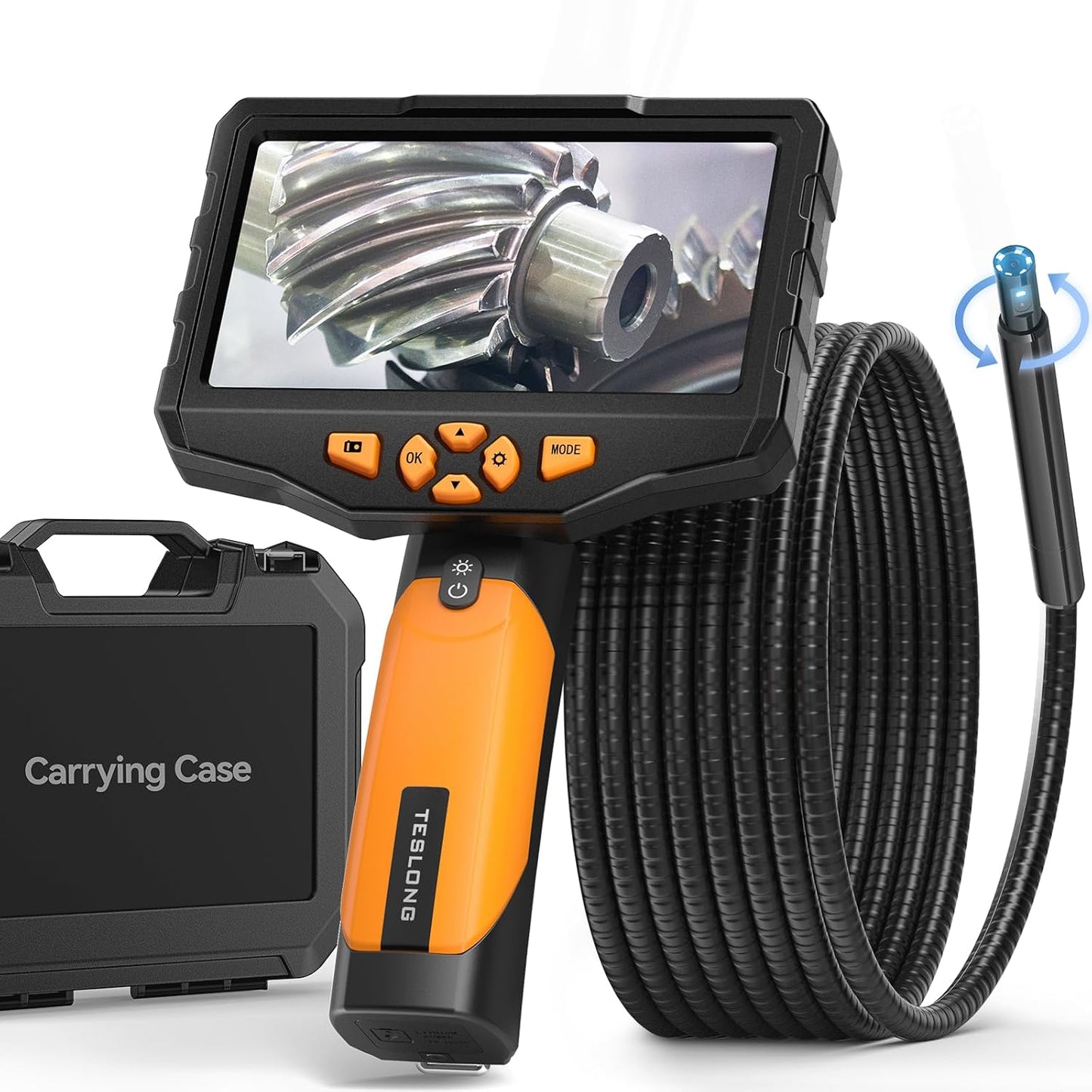 Teslong NTS300 Dual Lens Inspection Camera With 360° Electric Rotation Probe, 16.4ft Waterproof Scope Cable, 5" IPS Screen Borescope, Industrial Endoscope for Pipe and Automotive