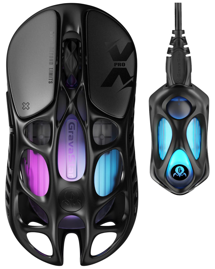 GravaStar Mercury X Pro Wireless Gaming Mouse with 8K Dongle 32000 DPI PAW 3950 Sensor, 8000Hz Polling Rate, 49g Weight, Magnesium Alloy Hollow Frame, Bluetooth, Black