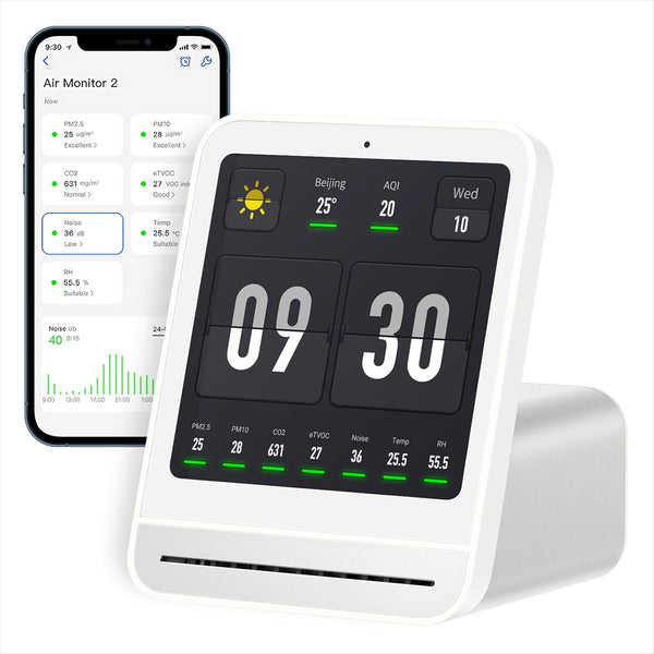 Calmora Qingping Air Quality Monitor, 2 Indoor Air Quality Monitor, Measure the concentration of air pollutants such as PM2.5, CO2, PM10, Noise, Temperature and Humidity, Alarm Clock Function, Smart Air
