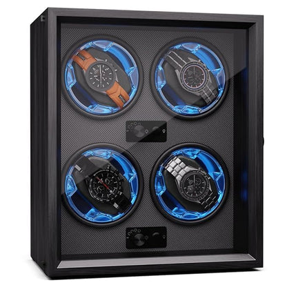 CALMORA Watch Winder for Automatic 4 Watches, Automatic Winder with Acrylic Door, Blue LEDs Watch Winder with 4 TPD Settings