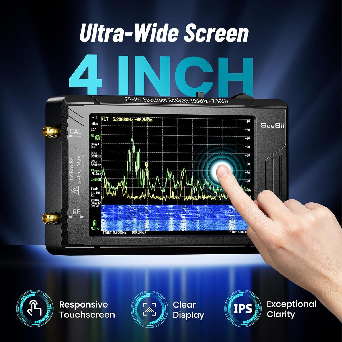 Calmora HW V0.5.4 TinySA Ultra+ZS407 Spectrum Analyzer, 4-inch 100kHz-7.3GHz Frequency Analyzer 2-in-1 Signal Generator 100kHz to 900MHz MF/HF/VHF UHF Input 5000mAh Battery 32GB SD Card
