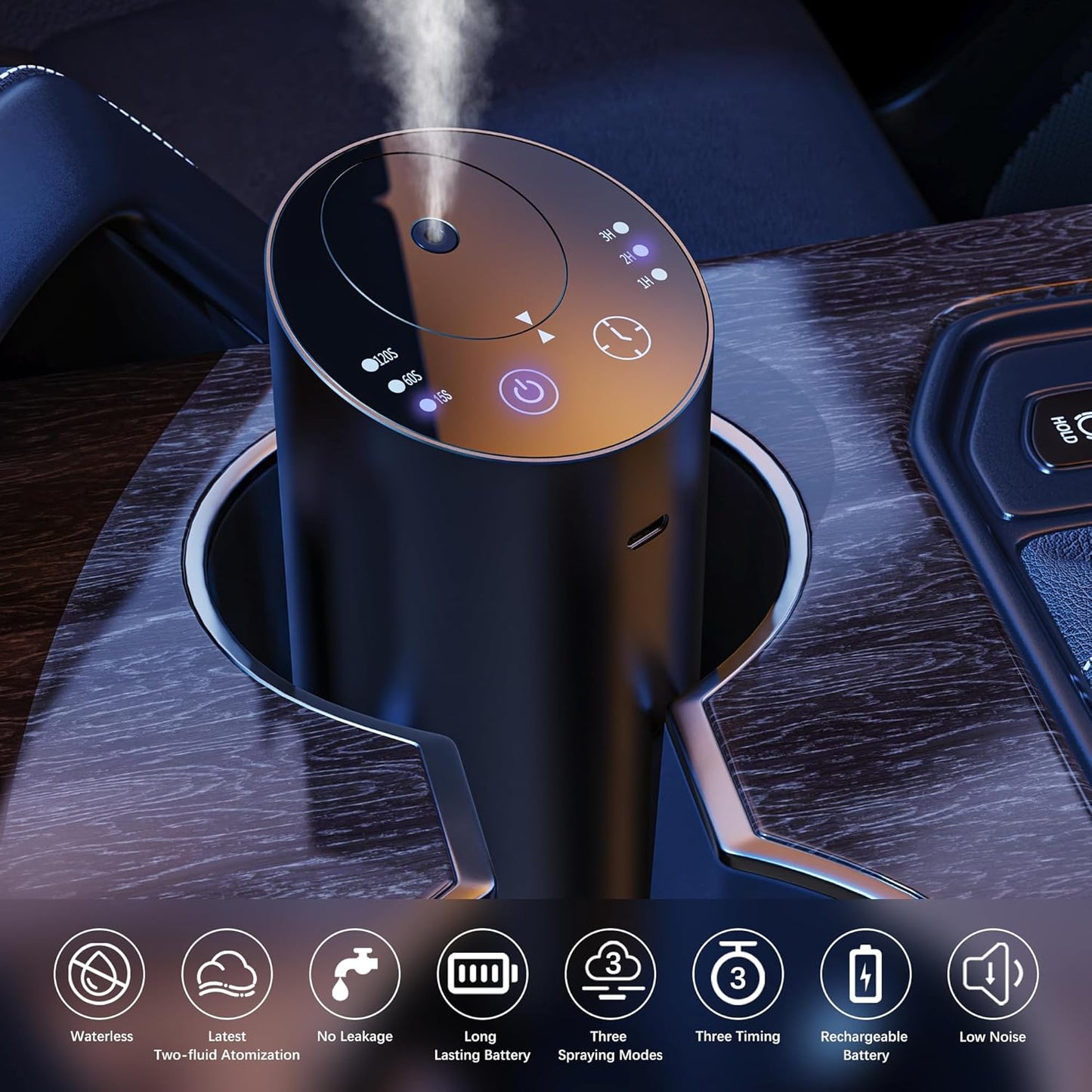 Calmora Waterless Car Diffuser, Waterless Diffusers for Essential Oils with Smart Cold Mist & No Leakage, Cordless Aromatherapy Nebulizing Diffuser with Timing & 3 Mist Levels for Car, Room, Office