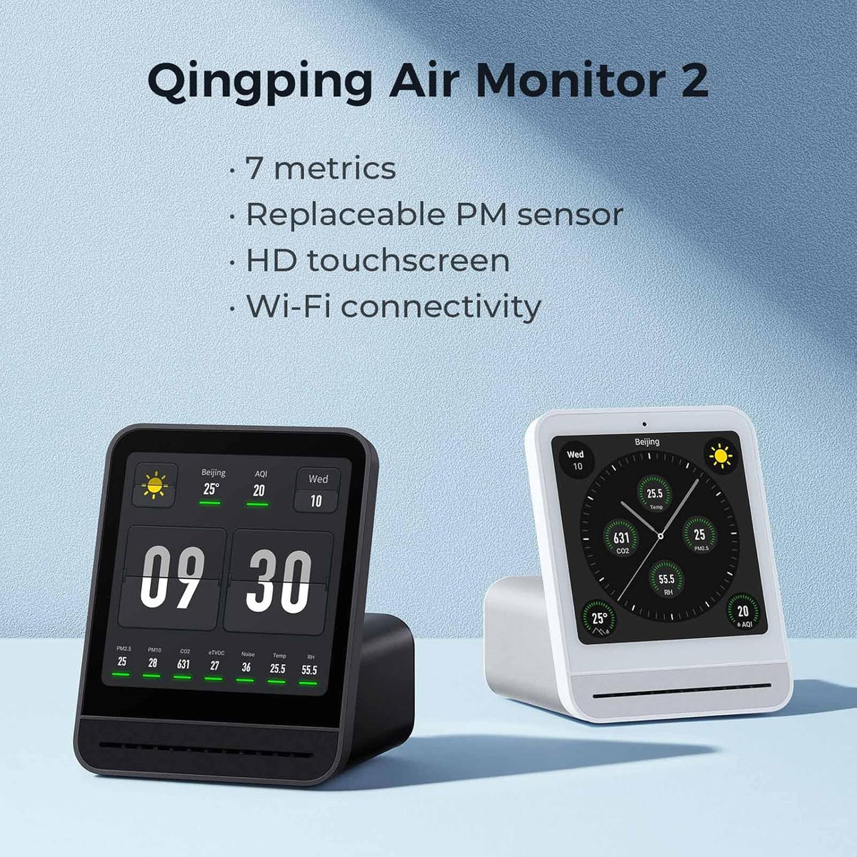 Calmora Qingping Air Quality Monitor, 2 Indoor Air Quality Monitor, Measure the concentration of air pollutants such as PM2.5, CO2, PM10, Noise, Temperature and Humidity, Alarm Clock Function, Smart Air