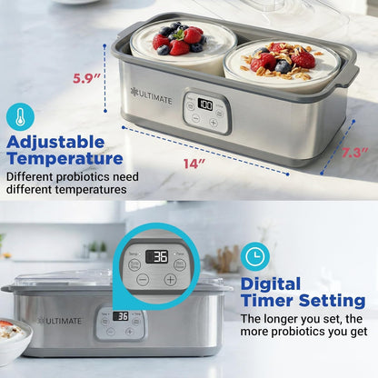 CALMORA Ultimate Probiotic Yogurt Maker w/Adjustable Time & Temp Control - Make Trillions of Live Probiotics (Two 1-Quart Containers) - Best Xmas Gifts & Presents for Men & Women