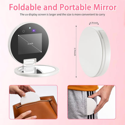 CALMORA UV Camera Mirror for Sunscreen Test, 2X Makeup Mirror with Lights and Magnification, Rechargeable 3.8 Inch Portable Pocket Mirror for Skin Protection