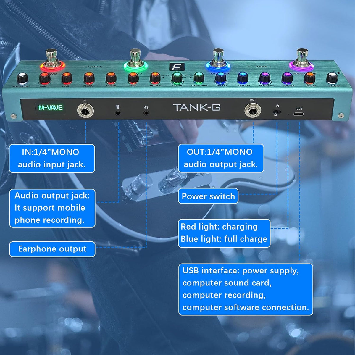 M-VAVE TANK-G Multi-effects Guitar Pedal, 36 Presets, Rechargeable Battery, Delay, Reverb, Modulation, Preamp, Darkgreen