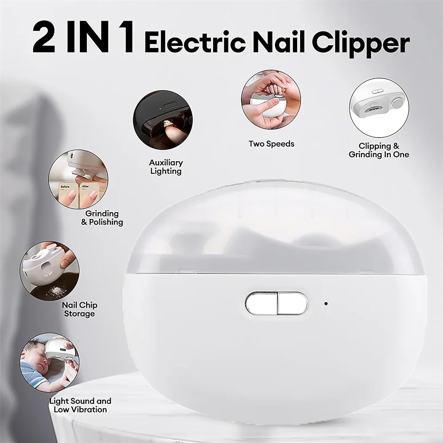CALMORA Electric Nail Clipper, Automatic Nail Trimmer, Nail File with Light & 2 Speeds, Fingernail Cutter and Manicure 2 in 1 Design Rechargeable Safety Nail Scissors for Caregivers, Elderly, Kids