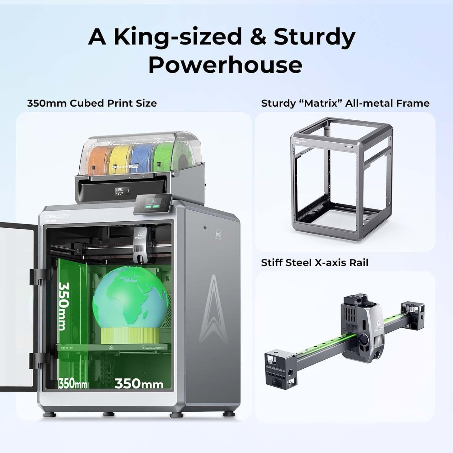 K2 Plus Combo 3D Printer, Multi Color Printing with New CFS, Max 600mm/s Printing Speed, Full-auto Leveling, Next-Gen Direct Drive Extruder, Dual Al Camera, Build Volume 350 * 350 * 350mm