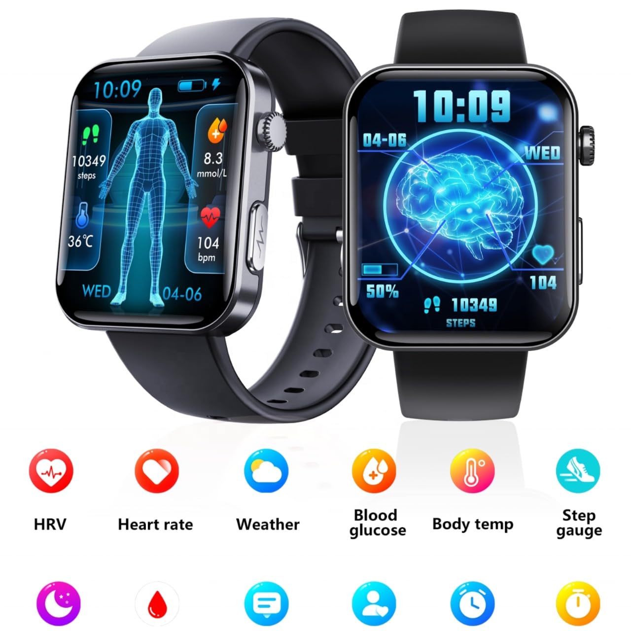 CALMORA F300 Smart Health Watch with 1.7-inch Touch Display, Blood Glucose Monitor, Heart Rate Tracker, Blood Pressure Monitor, ECG, Body Temperature, Sleep Monitor, Black