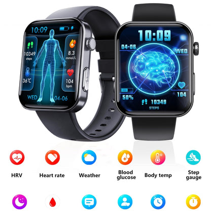 CALMORA F300 Smart Health Watch with 1.7-inch Touch Display, Blood Glucose Monitor, Heart Rate Tracker, Blood Pressure Monitor, ECG, Body Temperature, Sleep Monitor, Black
