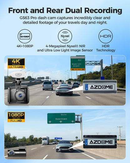 4K HDR Dash Cam Front and Rear with 4-Megapixel Image Sensor, 128GB eMMC, ADAS, 4K+1080P Dash Camera, 5GHz WiFi GPS 24H Parking Mode Car Camera (Delivery in 12 Days)