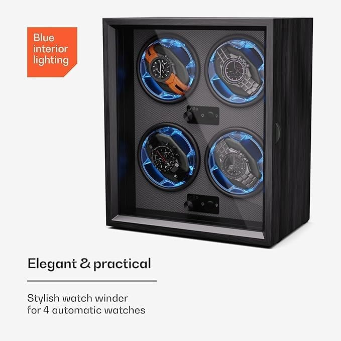 CALMORA Watch Winder for Automatic 4 Watches, Automatic Winder with Acrylic Door, Blue LEDs Watch Winder with 4 TPD Settings