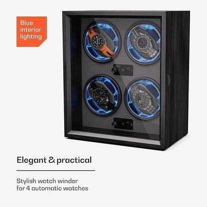 CALMORA Watch Winder for Automatic 4 Watches, Automatic Winder with Acrylic Door, Blue LEDs Watch Winder with 4 TPD Settings