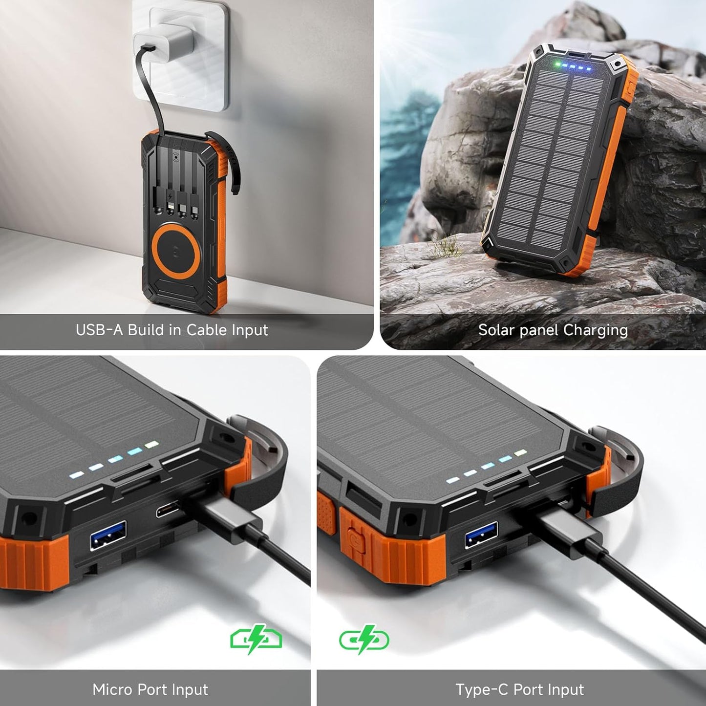 CALMORA Solar Charger Power Bank 49800mAh 22.5W Portable Charger, 15W Wireless Charging QC 3.0 Fast Charging with LED Flashlight, Built-in 4 Cables, USB-C in/Output