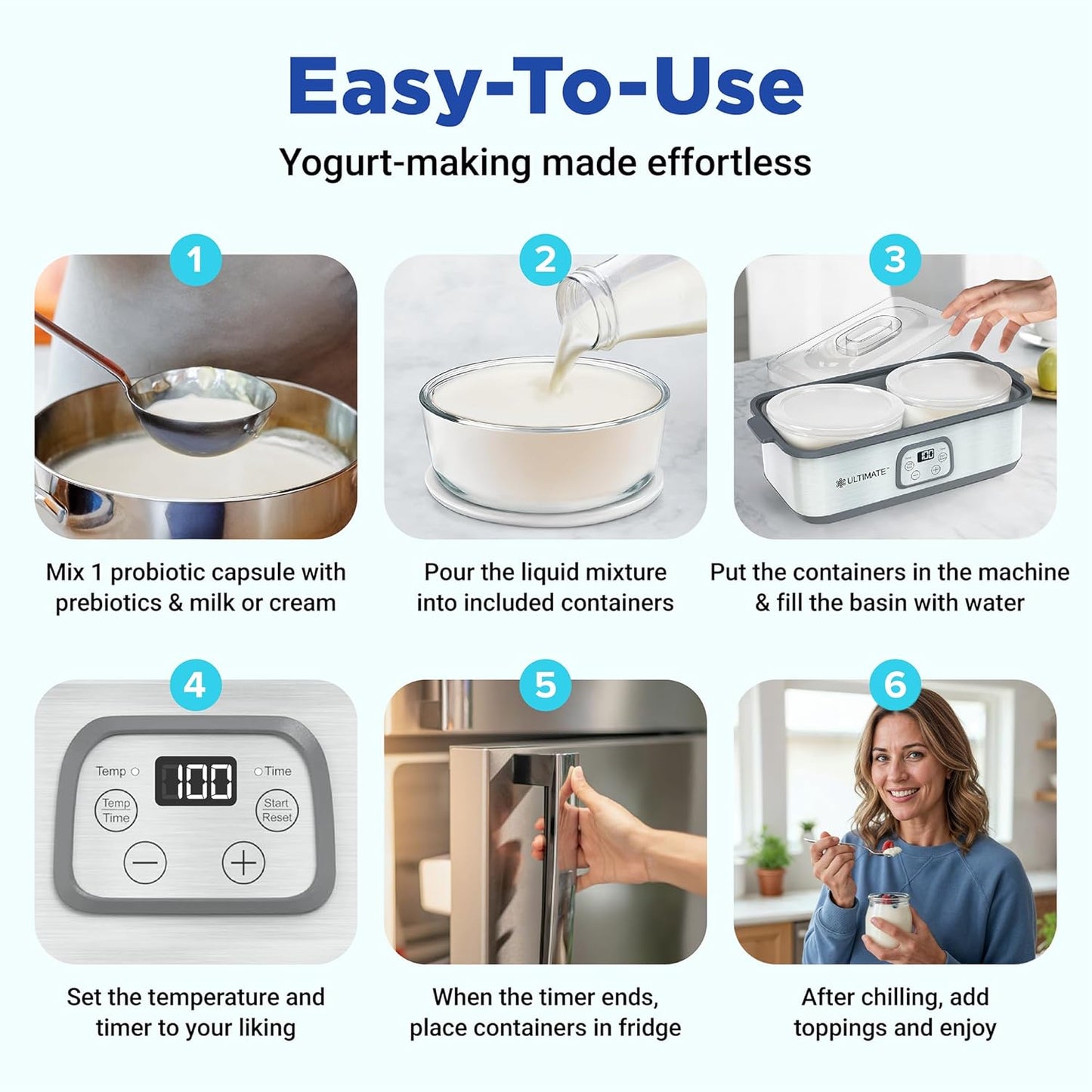 CALMORA Ultimate Probiotic Yogurt Maker w/Adjustable Time & Temp Control - Make Trillions of Live Probiotics (Two 1-Quart Containers) - Best Xmas Gifts & Presents for Men & Women