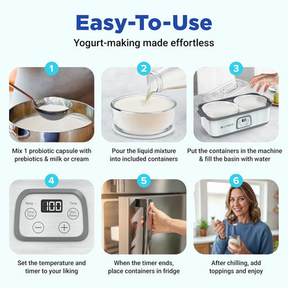 CALMORA Ultimate Probiotic Yogurt Maker w/Adjustable Time & Temp Control - Make Trillions of Live Probiotics (Two 1-Quart Containers) - Best Xmas Gifts & Presents for Men & Women