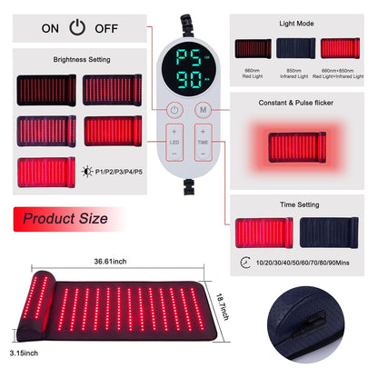 CALMORA Infrared Red Light Therapy, Red Light Therapy Mat with Neck Support, 660nm&850nm NIR Deep Wavelength Blanket Pad for Back Belly Knee Shoulder HIPS Body Pain Relief